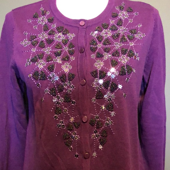Bob Mackie purple cardigan w/sequined design in multi color - Picture 2 of 9
